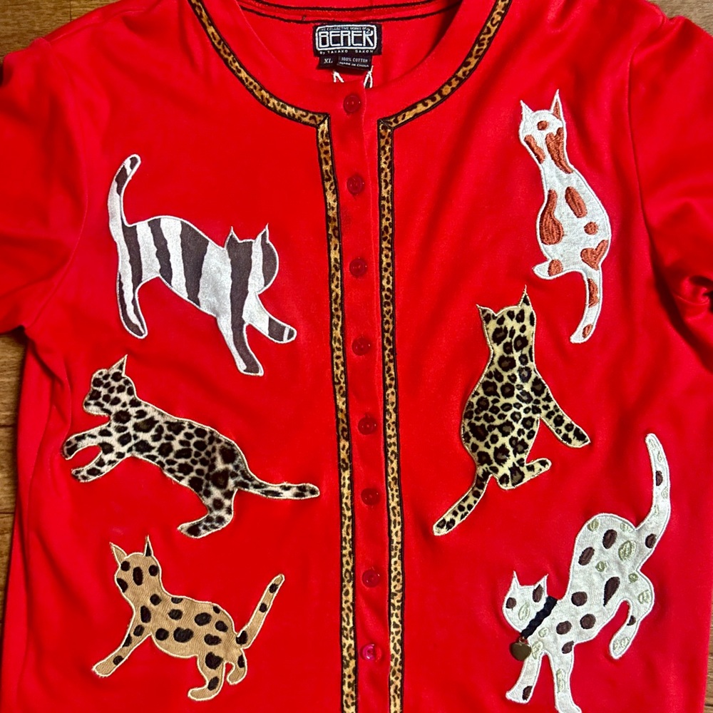 Berek X-Large Red Multi-Color Cats Embroidery Car… - image 3